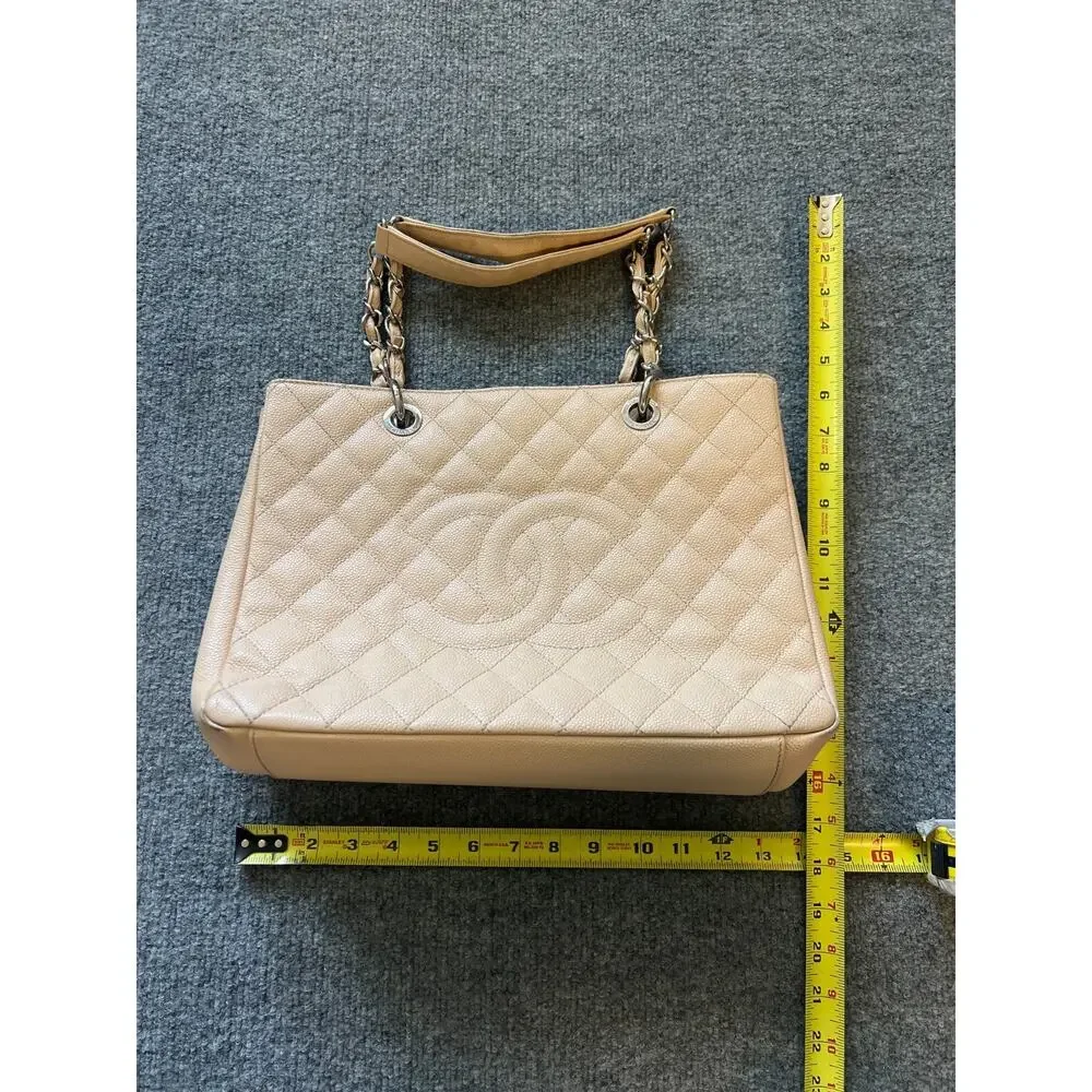 Chanel Grand Shopping Tote GST Beige Clair Caviar Leather Silver Hardware